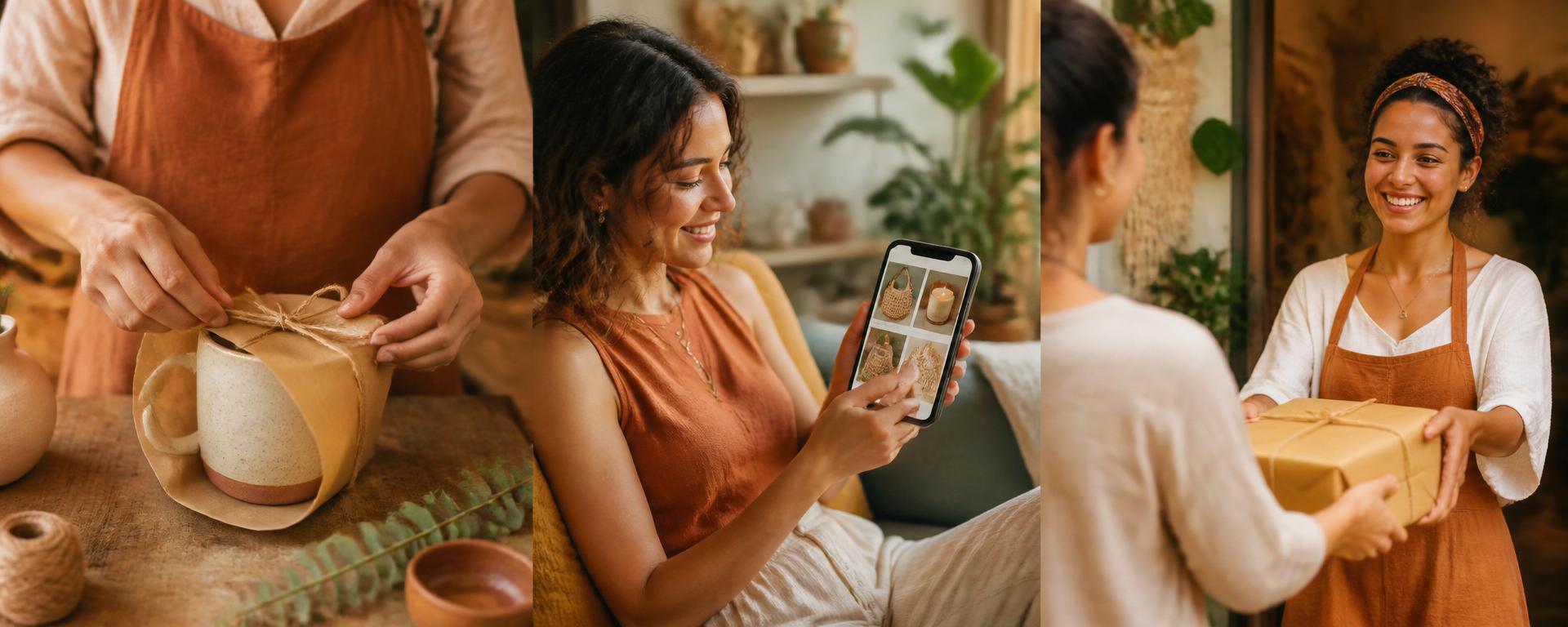 Artesã embalando produto, cliente navegando pelo app e entrega de encomenda